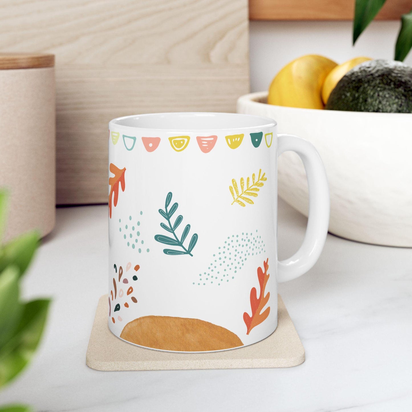 ColorFlow | Modern Fall Leaves Mug | 15 oz Ceramic Coffee Cup | Minimal Autumn Art Mug | Cozy Seasonal Gift