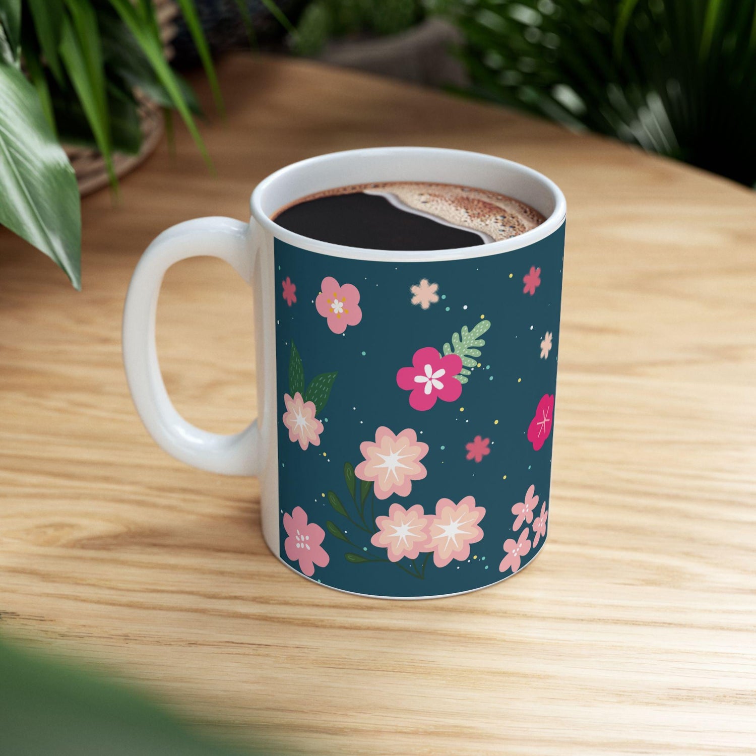 ColorFlow | Midnight Bloom Floral Mug | 15 oz Ceramic Coffee Cup | Dark Blue Flower Art Mug | Gift for Her