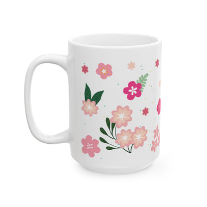 ColorFlow | Cream Floral Bloom Mug | 15 oz Ceramic Coffee Cup | Cute Flower Art Mug | Aesthetic Gift for Her