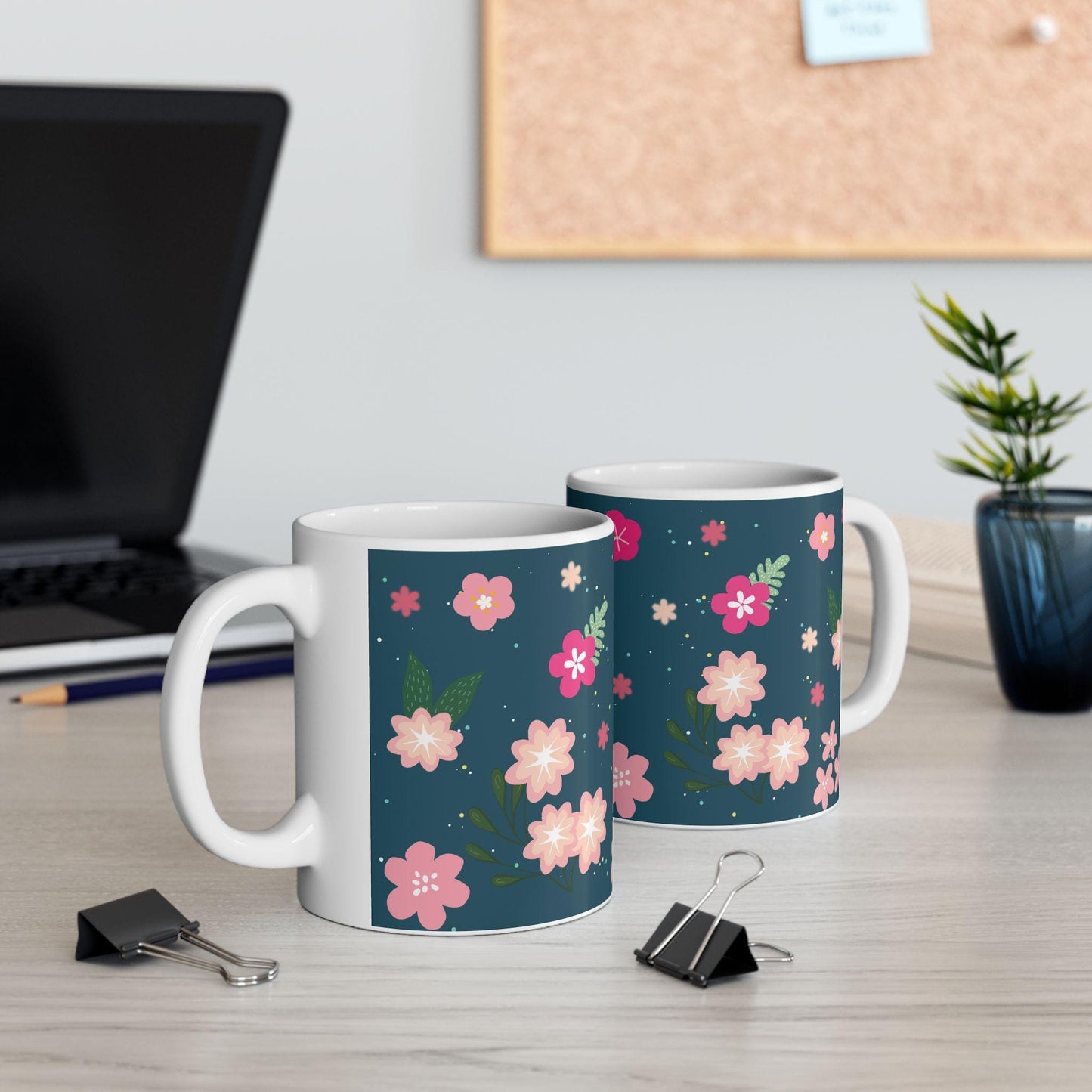 ColorFlow | Midnight Bloom Floral Mug | 15 oz Ceramic Coffee Cup | Dark Blue Flower Art Mug | Gift for Her