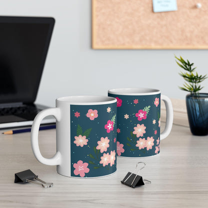 ColorFlow | Midnight Bloom Floral Mug | 15 oz Ceramic Coffee Cup | Dark Blue Flower Art Mug | Gift for Her