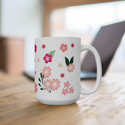 ColorFlow | Cream Floral Bloom Mug | 15 oz Ceramic Coffee Cup | Cute Flower Art Mug | Aesthetic Gift for Her