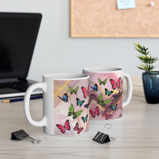 ColorFlow | Pink Marble Butterfly Mug | 15 oz Ceramic Coffee Cup | Elegant Gold Accent Mug | Gift for Her