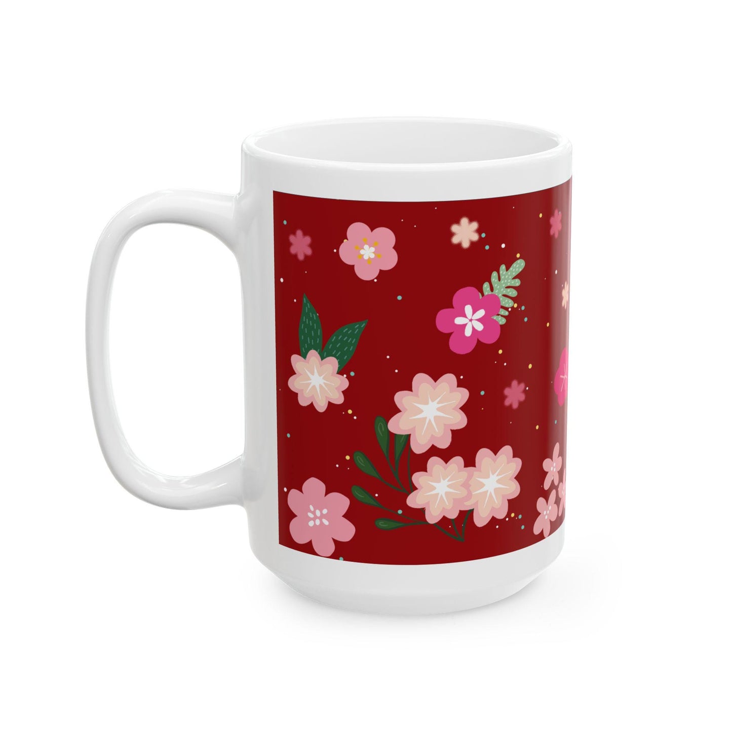 Floral Ceramic Coffee Mug | Crimson Red, Elegant Gift