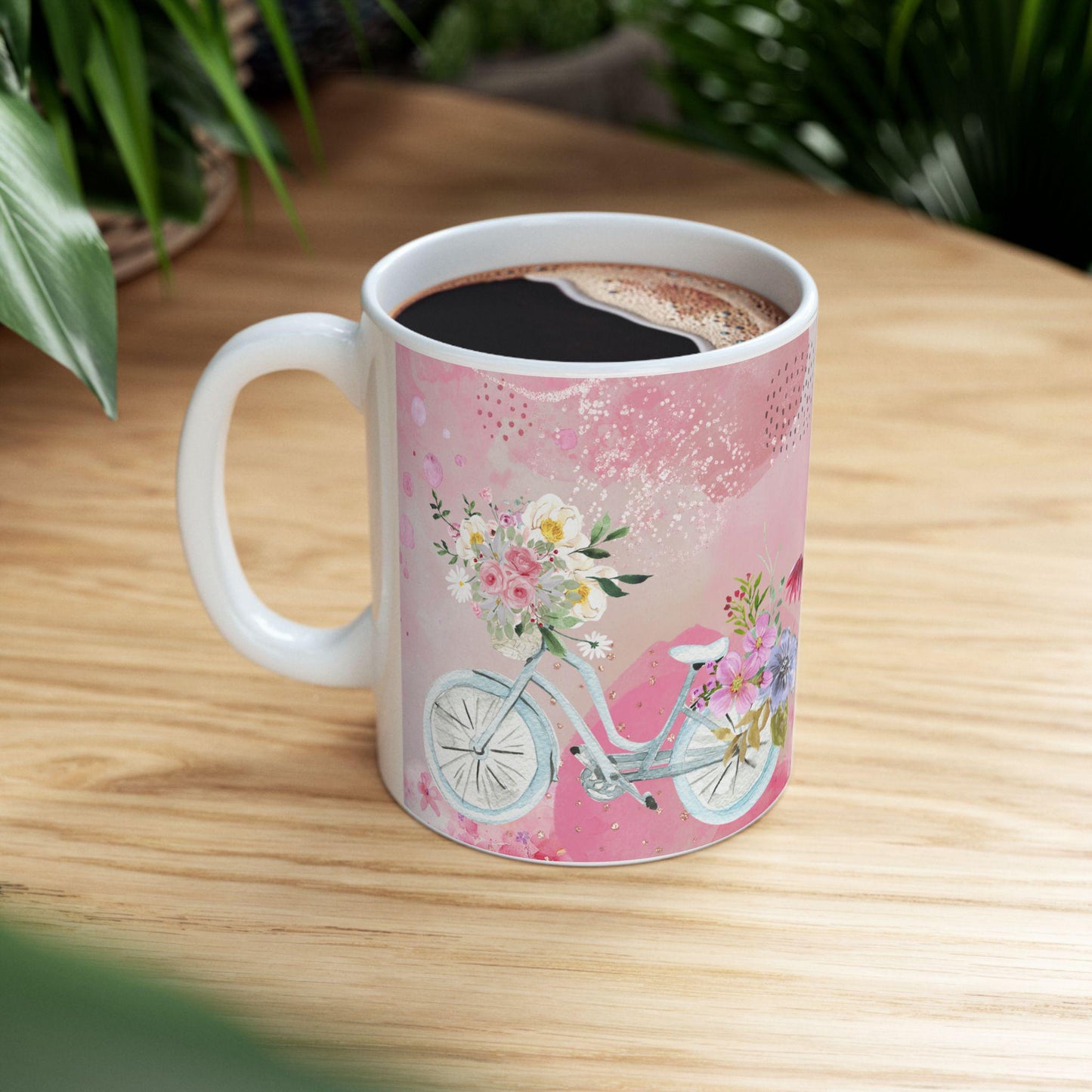 ColorFlow | Watercolor Floral Bicycle Mug | 15 oz Ceramic Coffee Cup | Pink Flower Art Mug | Gift for Her