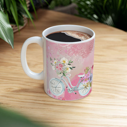 ColorFlow | Watercolor Floral Bicycle Mug | 15 oz Ceramic Coffee Cup | Pink Flower Art Mug | Gift for Her