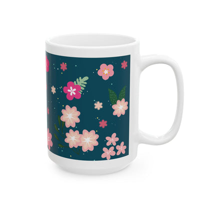 ColorFlow | Midnight Bloom Floral Mug | 15 oz Ceramic Coffee Cup | Dark Blue Flower Art Mug | Gift for Her