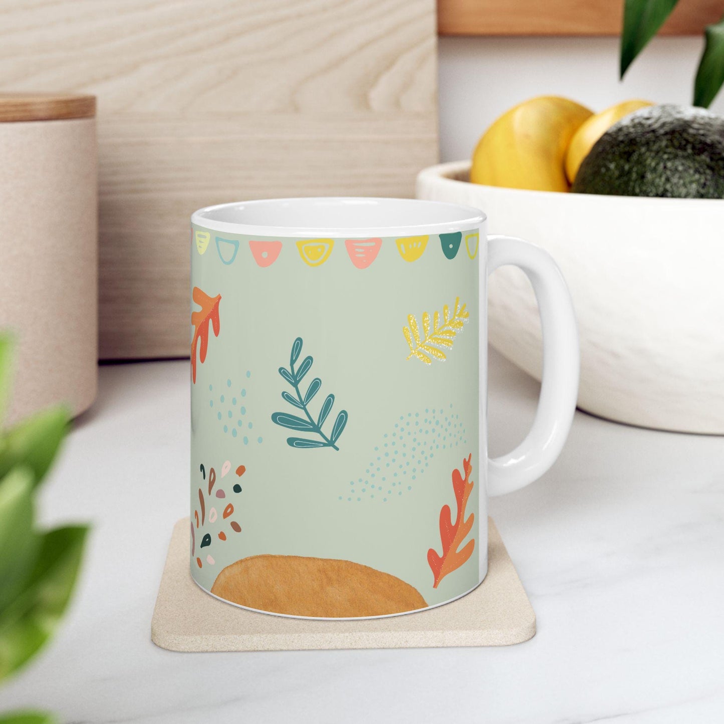 ColorFlow | Pastel Autumn Leaves Mug | 15 oz Ceramic Coffee Cup | Modern Fall Art Mug | Cozy Seasonal Gift