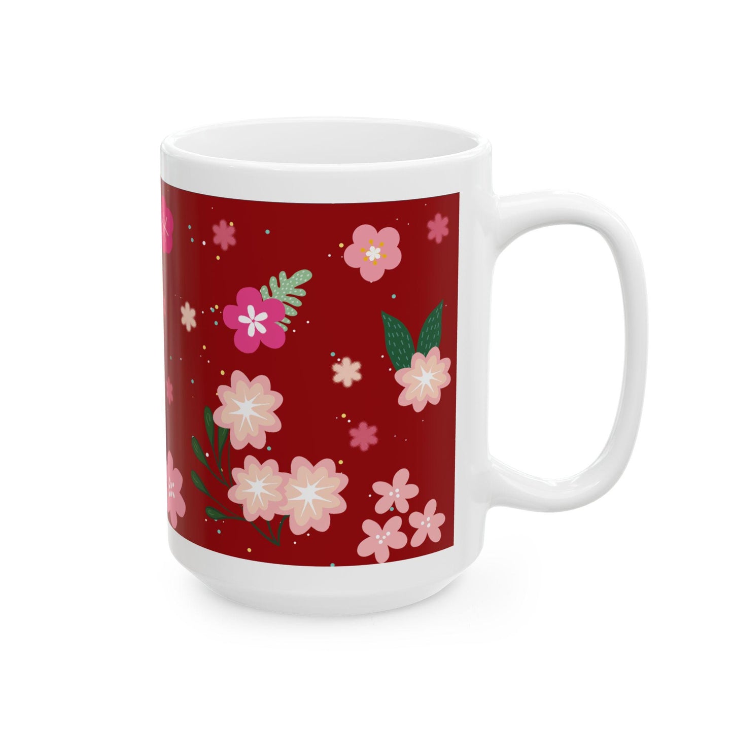 Floral Ceramic Coffee Mug | Crimson Red, Elegant Gift