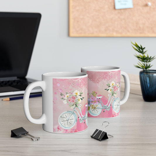 ColorFlow | Watercolor Floral Bicycle Mug | 15 oz Ceramic Coffee Cup | Pink Flower Art Mug | Gift for Her