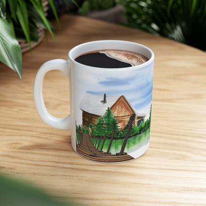 ColorFlow | Rustic Cabin Lake Mug | 15 oz Ceramic Coffee Cup | Watercolor Nature Art Mug | Gift for Outdoor Lovers
