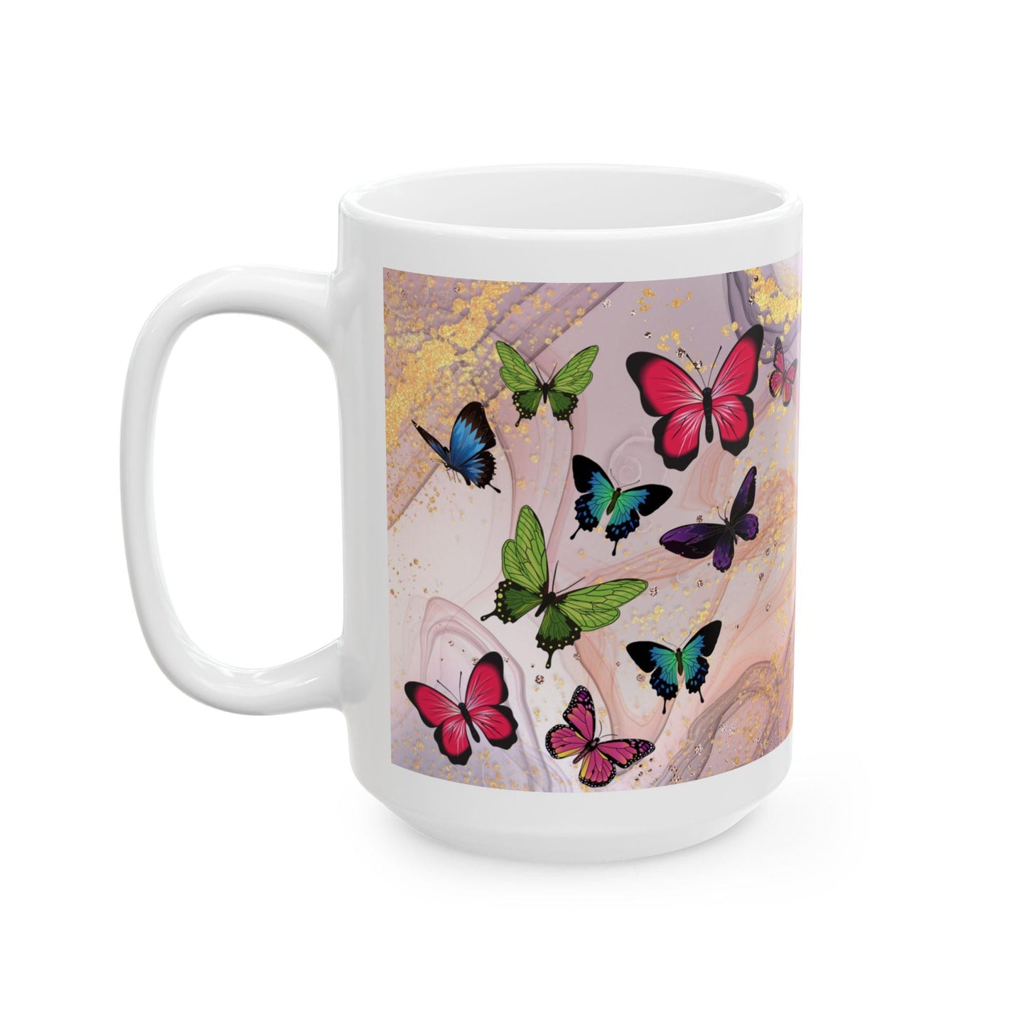 ColorFlow | Pink Marble Butterfly Mug | 15 oz Ceramic Coffee Cup | Elegant Gold Accent Mug | Gift for Her