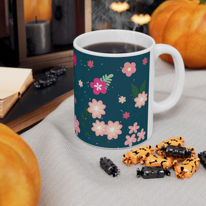 ColorFlow | Midnight Bloom Floral Mug | 15 oz Ceramic Coffee Cup | Dark Blue Flower Art Mug | Gift for Her