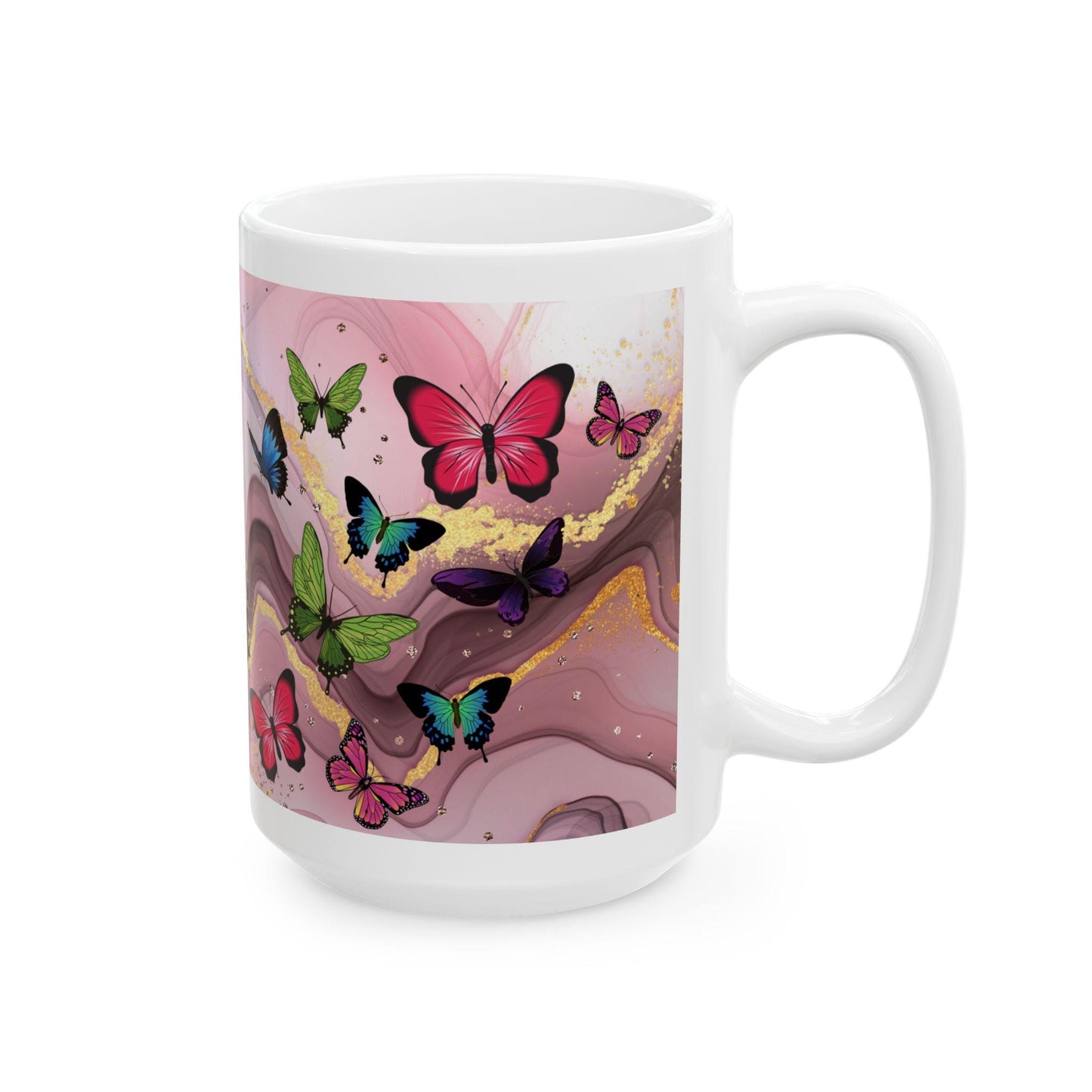 ColorFlow | Pink Marble Butterfly Mug | 15 oz Ceramic Coffee Cup | Elegant Gold Accent Mug | Gift for Her