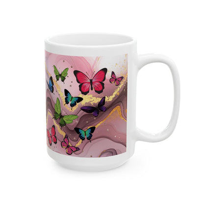 ColorFlow | Pink Marble Butterfly Mug | 15 oz Ceramic Coffee Cup | Elegant Gold Accent Mug | Gift for Her