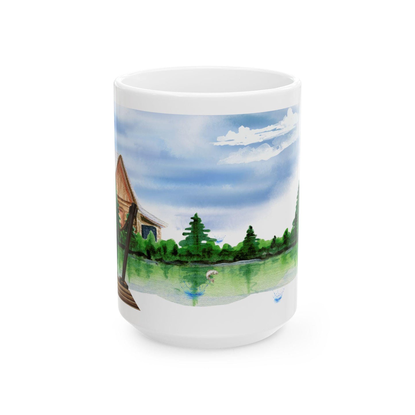 ColorFlow | Rustic Cabin Lake Mug | 15 oz Ceramic Coffee Cup | Watercolor Nature Art Mug | Gift for Outdoor Lovers