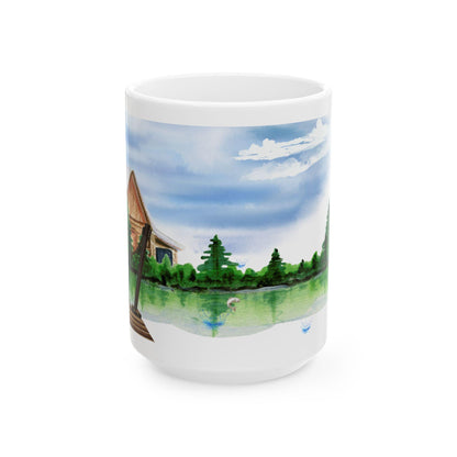 ColorFlow | Rustic Cabin Lake Mug | 15 oz Ceramic Coffee Cup | Watercolor Nature Art Mug | Gift for Outdoor Lovers