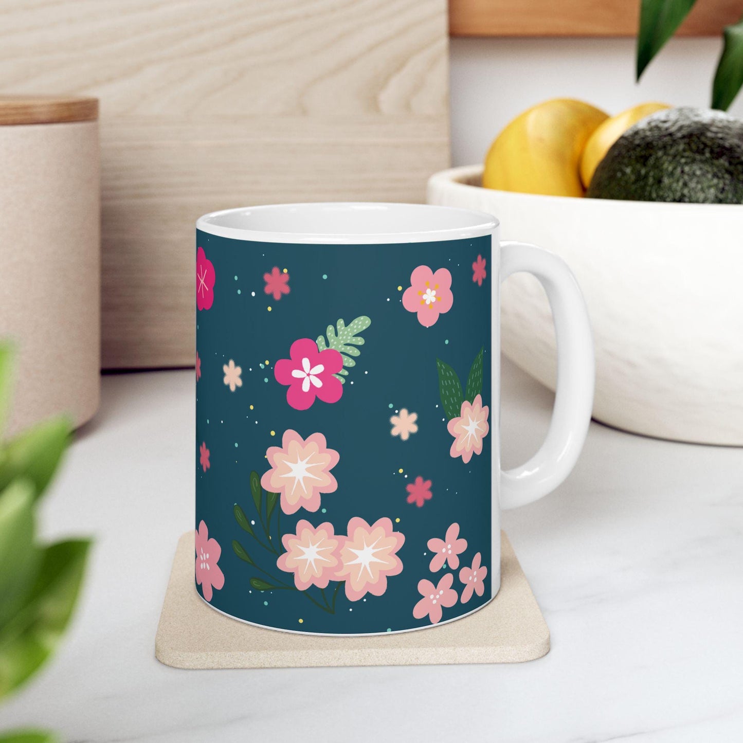 ColorFlow | Midnight Bloom Floral Mug | 15 oz Ceramic Coffee Cup | Dark Blue Flower Art Mug | Gift for Her