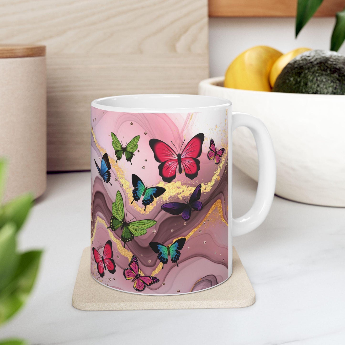 ColorFlow | Pink Marble Butterfly Mug | 15 oz Ceramic Coffee Cup | Elegant Gold Accent Mug | Gift for Her
