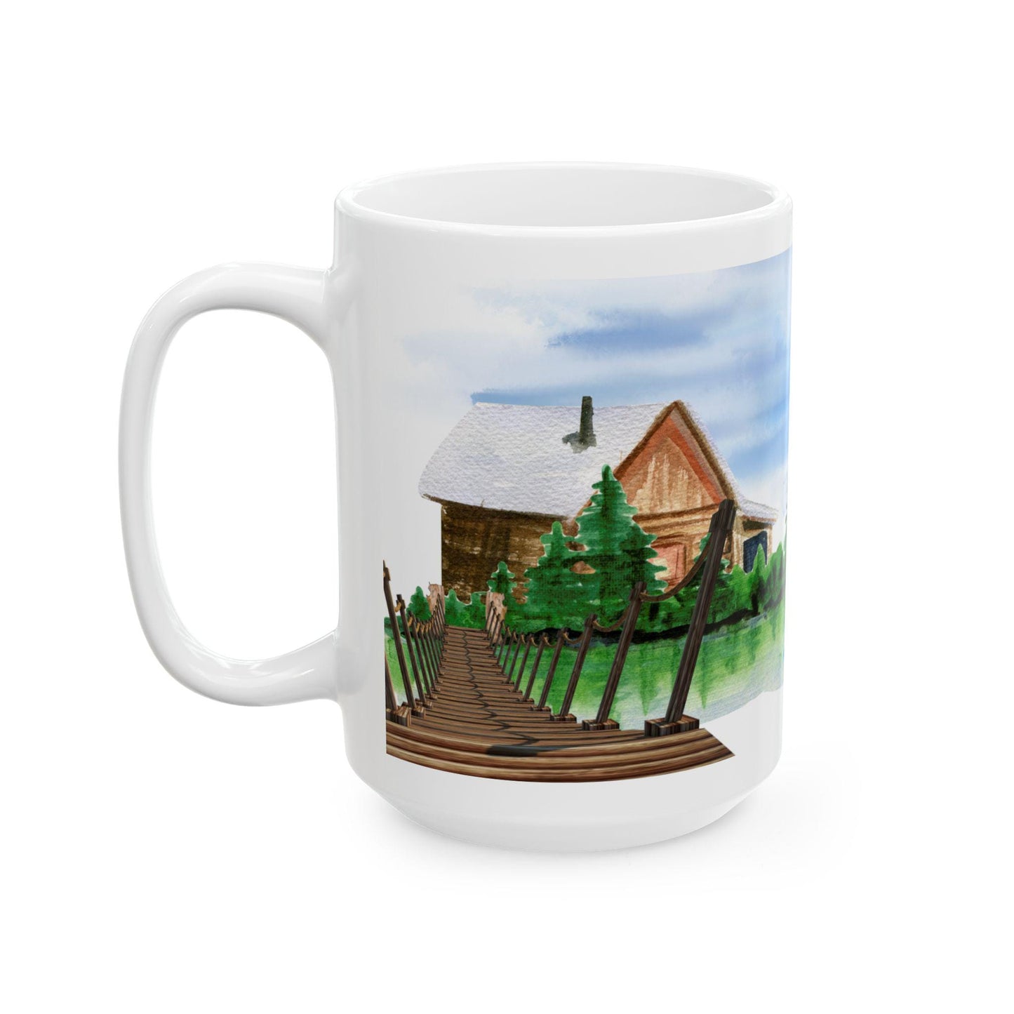 ColorFlow | Rustic Cabin Lake Mug | 15 oz Ceramic Coffee Cup | Watercolor Nature Art Mug | Gift for Outdoor Lovers