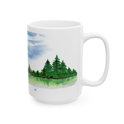 ColorFlow | Rustic Cabin Lake Mug | 15 oz Ceramic Coffee Cup | Watercolor Nature Art Mug | Gift for Outdoor Lovers