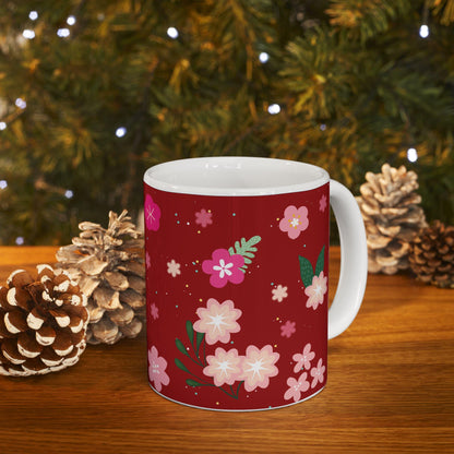Floral Ceramic Coffee Mug | Crimson Red, Elegant Gift