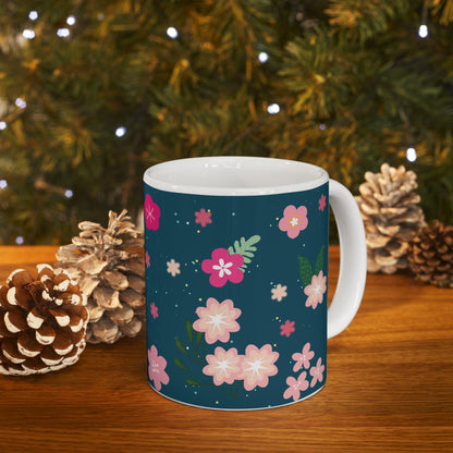 ColorFlow | Midnight Bloom Floral Mug | 15 oz Ceramic Coffee Cup | Dark Blue Flower Art Mug | Gift for Her