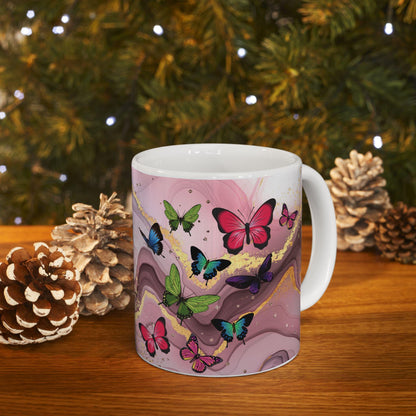ColorFlow | Pink Marble Butterfly Mug | 15 oz Ceramic Coffee Cup | Elegant Gold Accent Mug | Gift for Her