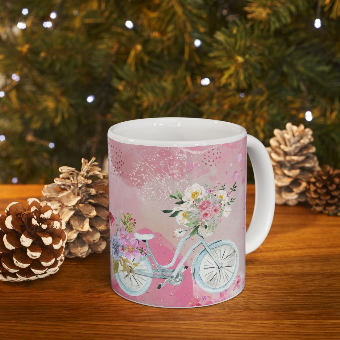 ColorFlow | Watercolor Floral Bicycle Mug | 15 oz Ceramic Coffee Cup | Pink Flower Art Mug | Gift for Her