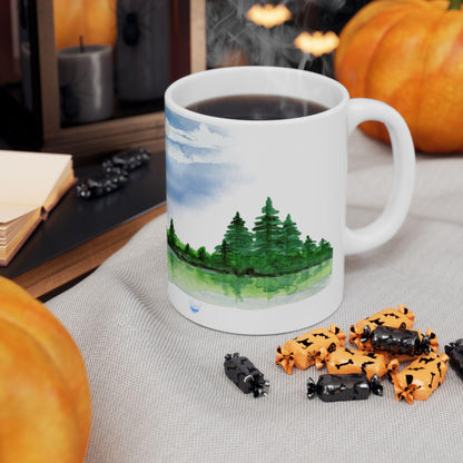 ColorFlow | Rustic Cabin Lake Mug | 15 oz Ceramic Coffee Cup | Watercolor Nature Art Mug | Gift for Outdoor Lovers