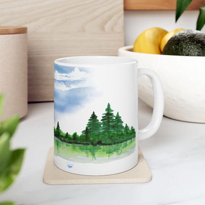 ColorFlow | Rustic Cabin Lake Mug | 15 oz Ceramic Coffee Cup | Watercolor Nature Art Mug | Gift for Outdoor Lovers