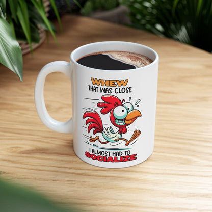 ColorFlow | Funny Rooster Coffee Mug | Whew Socialize Chicken Cup | 15oz Ceramic Mug | Gift for Introverts & Animal Lovers