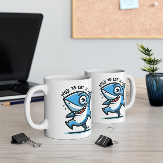 ColorFlow | Nice To Eat You Shark Mug | Funny Ocean Coffee Cup | 15oz Ceramic Mug | Gift for Shark Lovers & Ocean Fans
