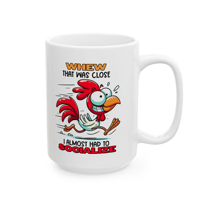 ColorFlow | Funny Rooster Coffee Mug | Whew Socialize Chicken Cup | 15oz Ceramic Mug | Gift for Introverts & Animal Lovers