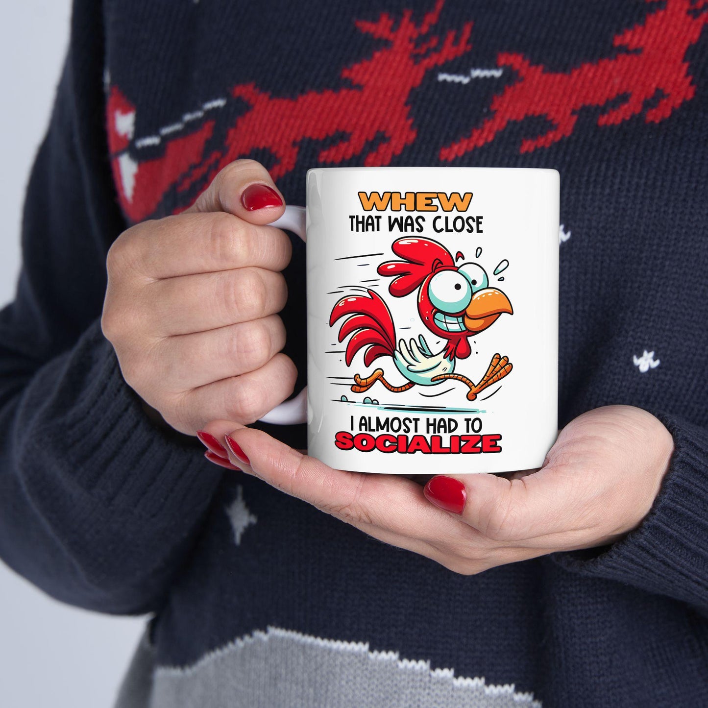 ColorFlow | Funny Rooster Coffee Mug | Whew Socialize Chicken Cup | 15oz Ceramic Mug | Gift for Introverts & Animal Lovers