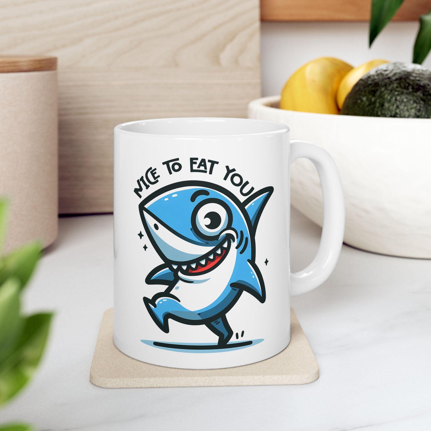 ColorFlow | Nice To Eat You Shark Mug | Funny Ocean Coffee Cup | 15oz Ceramic Mug | Gift for Shark Lovers & Ocean Fans