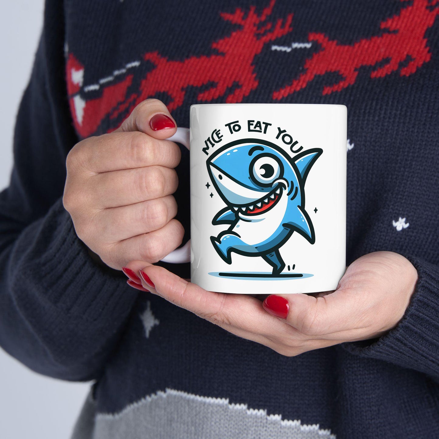ColorFlow | Nice To Eat You Shark Mug | Funny Ocean Coffee Cup | 15oz Ceramic Mug | Gift for Shark Lovers & Ocean Fans