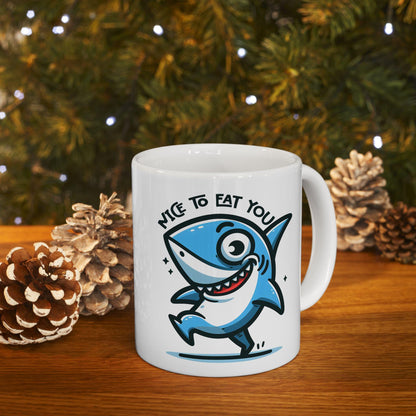 ColorFlow | Nice To Eat You Shark Mug | Funny Ocean Coffee Cup | 15oz Ceramic Mug | Gift for Shark Lovers & Ocean Fans