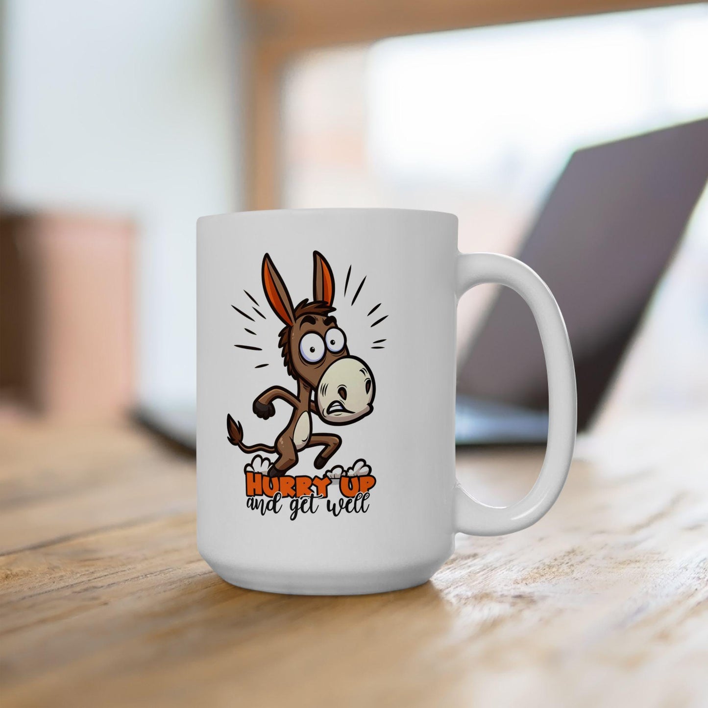 ColorFlow | Hurry Up and Get Well Donkey Mug | Funny Coffee Cup | 15oz Ceramic Mug | Humorous Animal Gift for Friends
