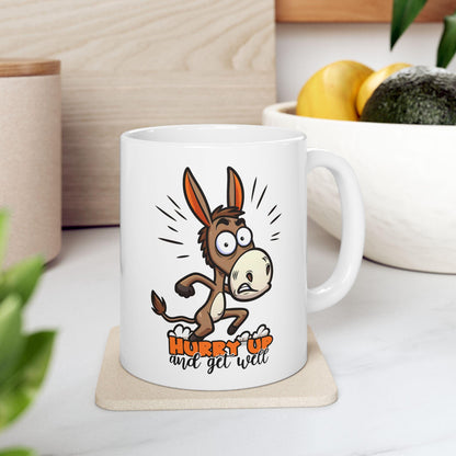 ColorFlow | Hurry Up and Get Well Donkey Mug | Funny Coffee Cup | 15oz Ceramic Mug | Humorous Animal Gift for Friends