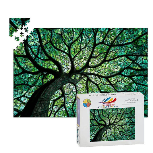 ColorFlow | Stained Glass Tree Wooden Jigsaw Puzzle | Nature Art Puzzle for Adults and Kids | Unique Gift Vibrant Home Decor