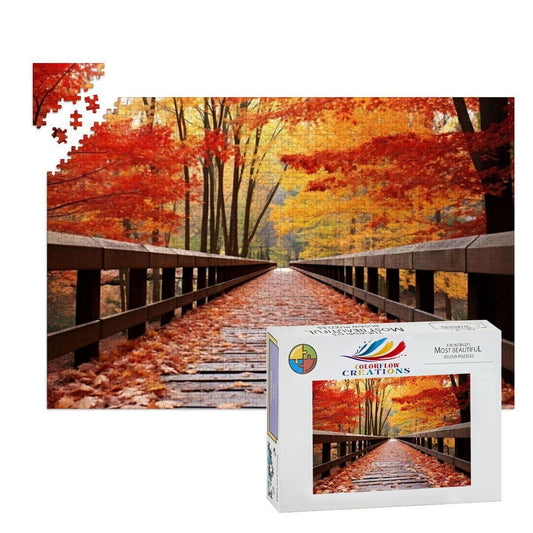 ColorFlow | Autumn Bridge Wooden Jigsaw Puzzle | Fall Landscape Art Puzzle for Adults and Kids | Relaxing Gift Home Decor