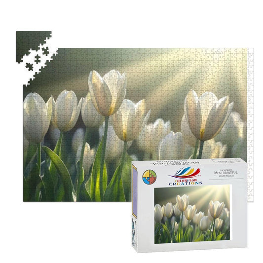 ColorFlow | White Tulip Morning Wooden Jigsaw Puzzle | Floral Art Puzzle for Adults and Kids | Serene Gift Home Decor