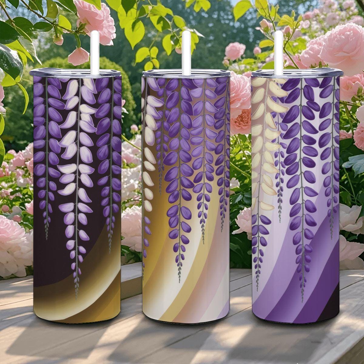 ColorFlow | Purple Wisteria Floral 20oz Stainless Steel Tumbler with Straw | Aesthetic Hot & Cold Drink Cup Gift