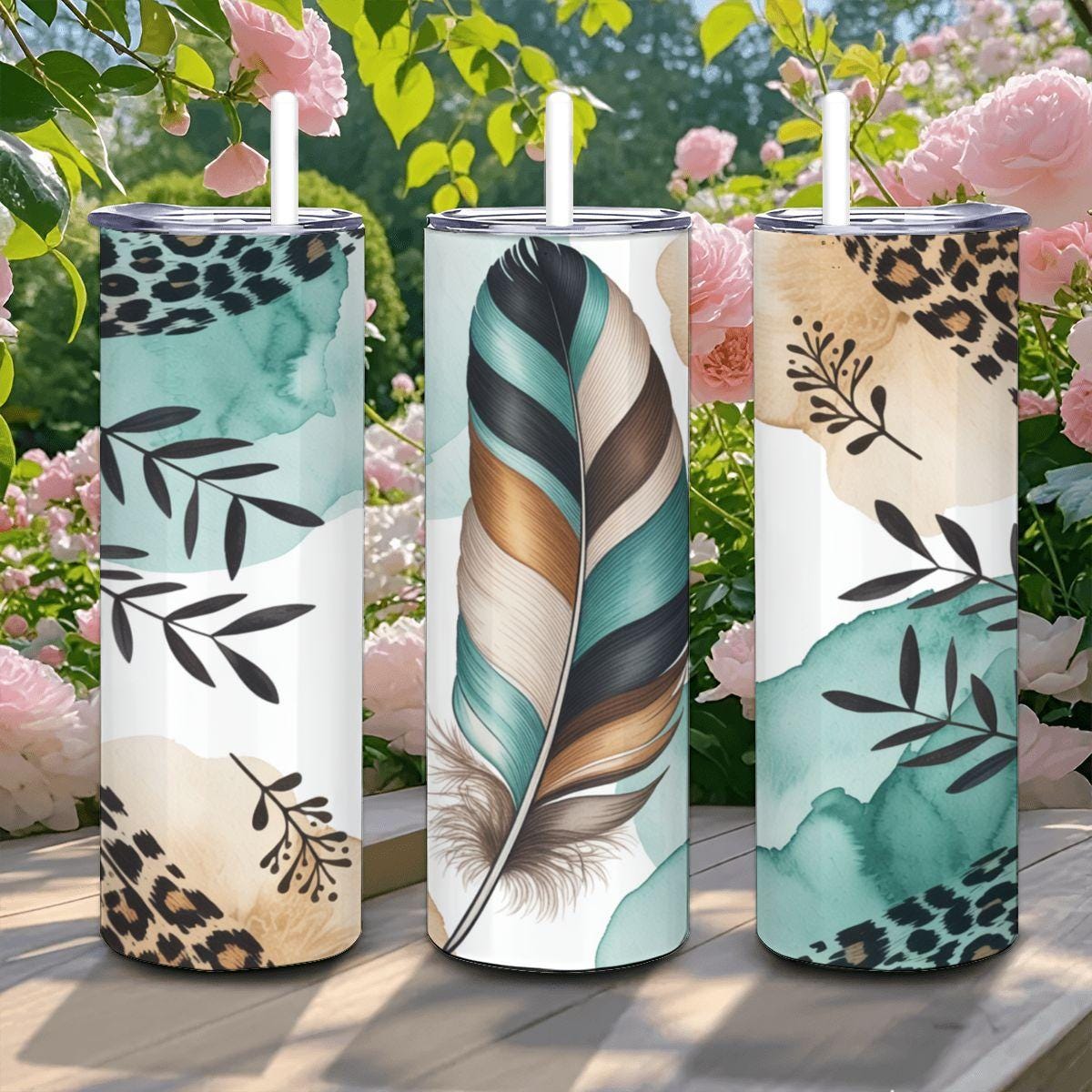 Teal Feather Leopard Print Tumbler | Boho Stainless Steel Cup