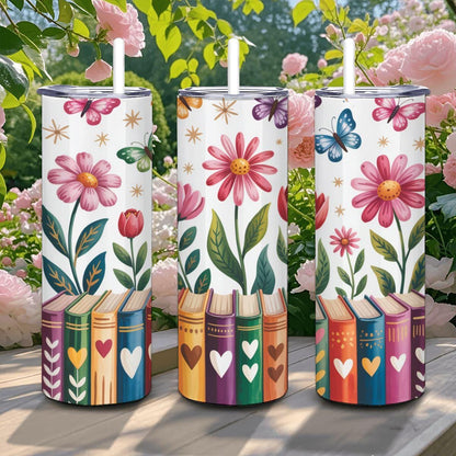 Book Lover Stainless Steel Tumbler | Butterfly Garden Floral Reading Cup