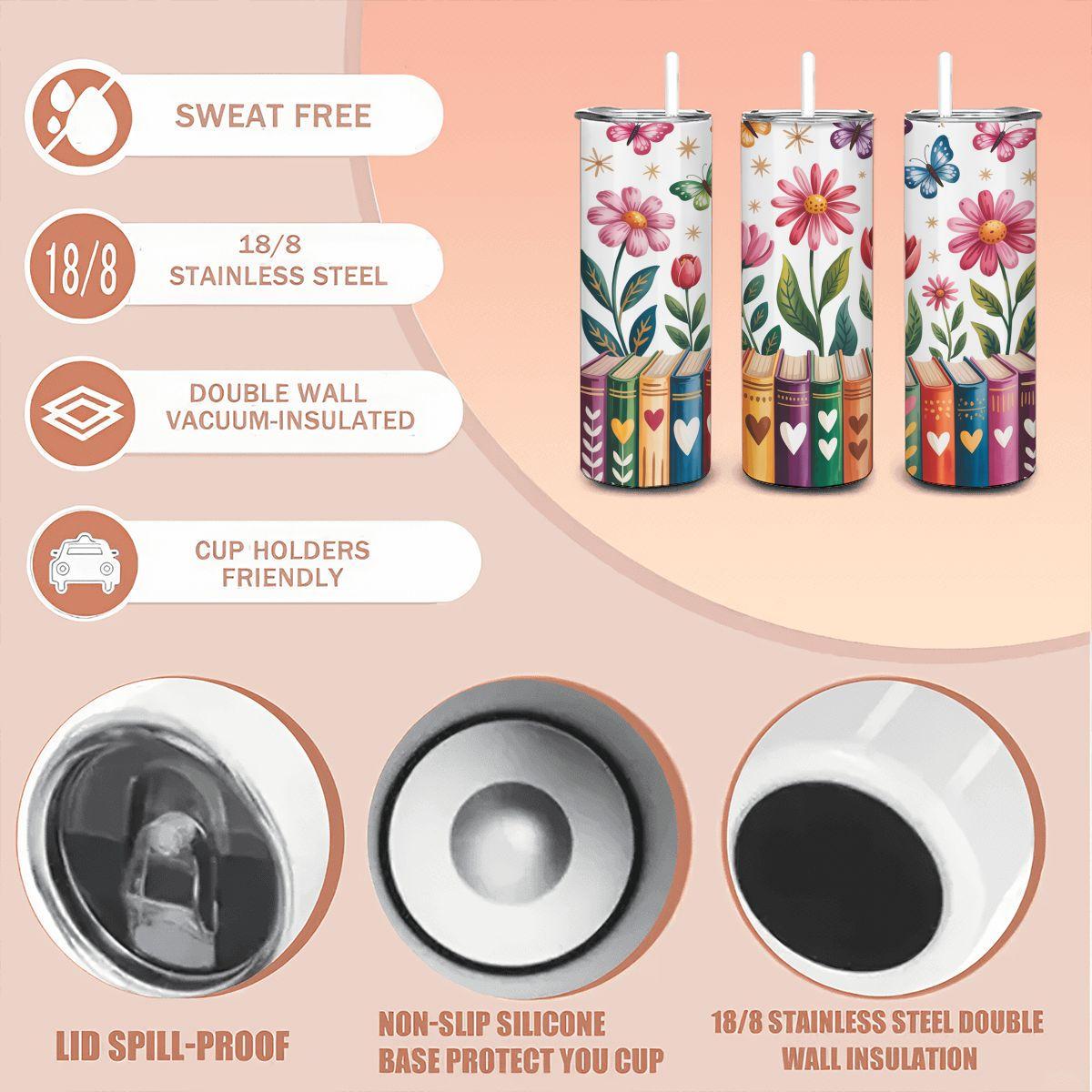 Book Lover Stainless Steel Tumbler | Butterfly Garden Floral Reading Cup