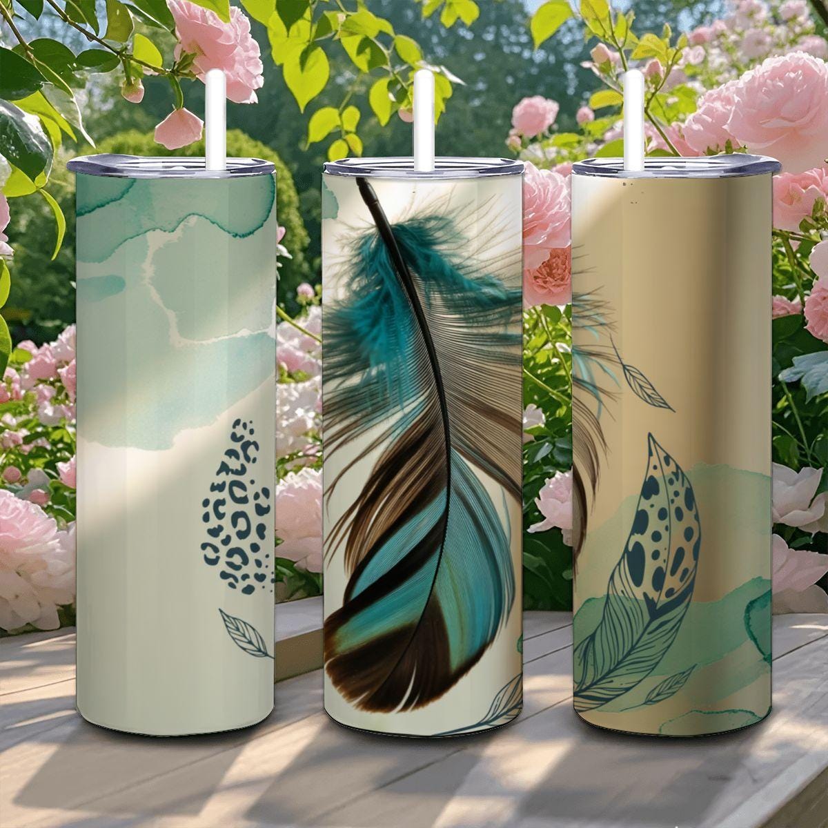 Aqua Feather Leopard Tumbler | Boho Chic Stainless Steel 20oz Cup