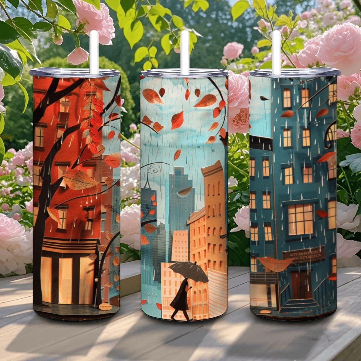 Autumn Cityscape Stainless Steel Tumbler | Coffee Cup with Straw