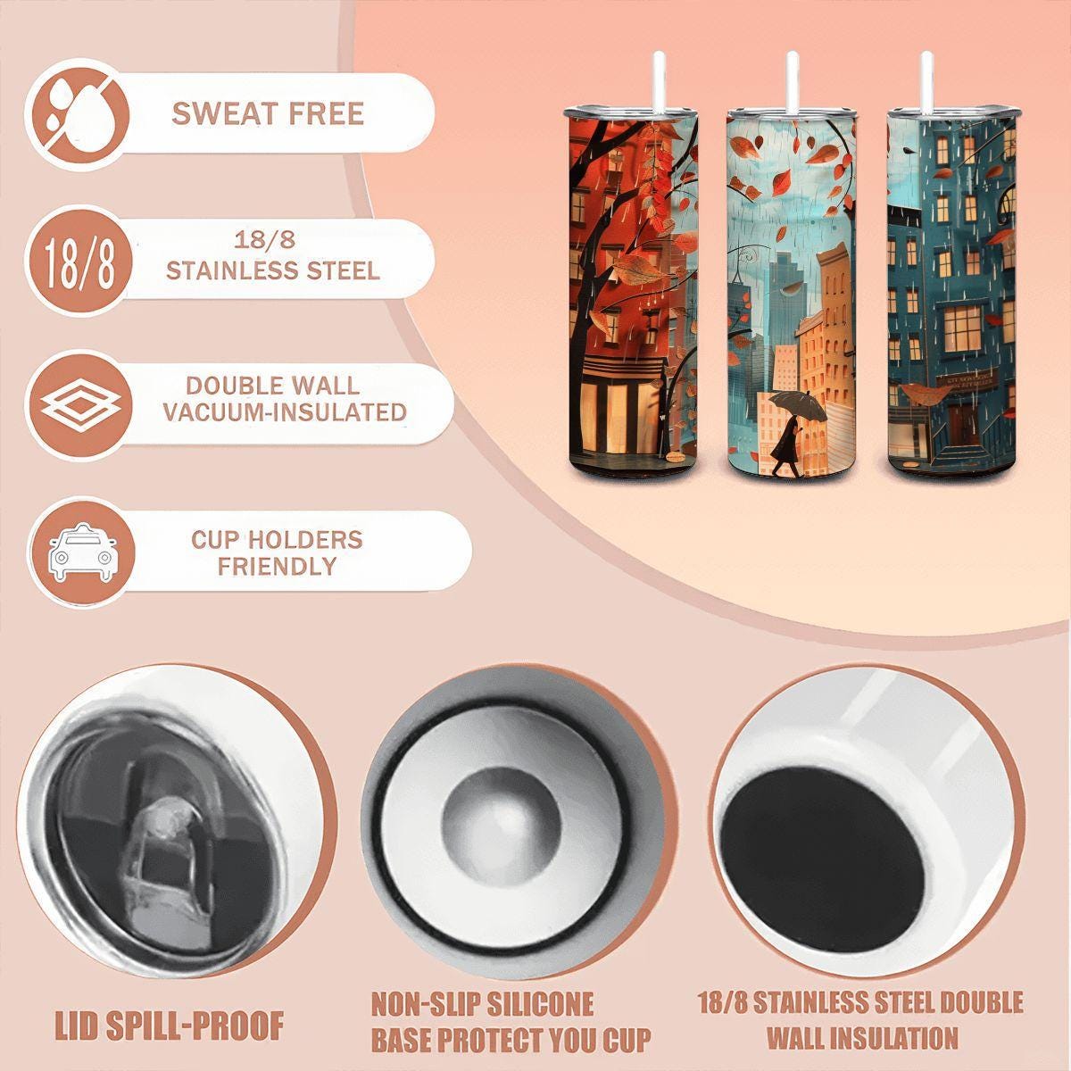 Autumn Cityscape Stainless Steel Tumbler | Coffee Cup with Straw